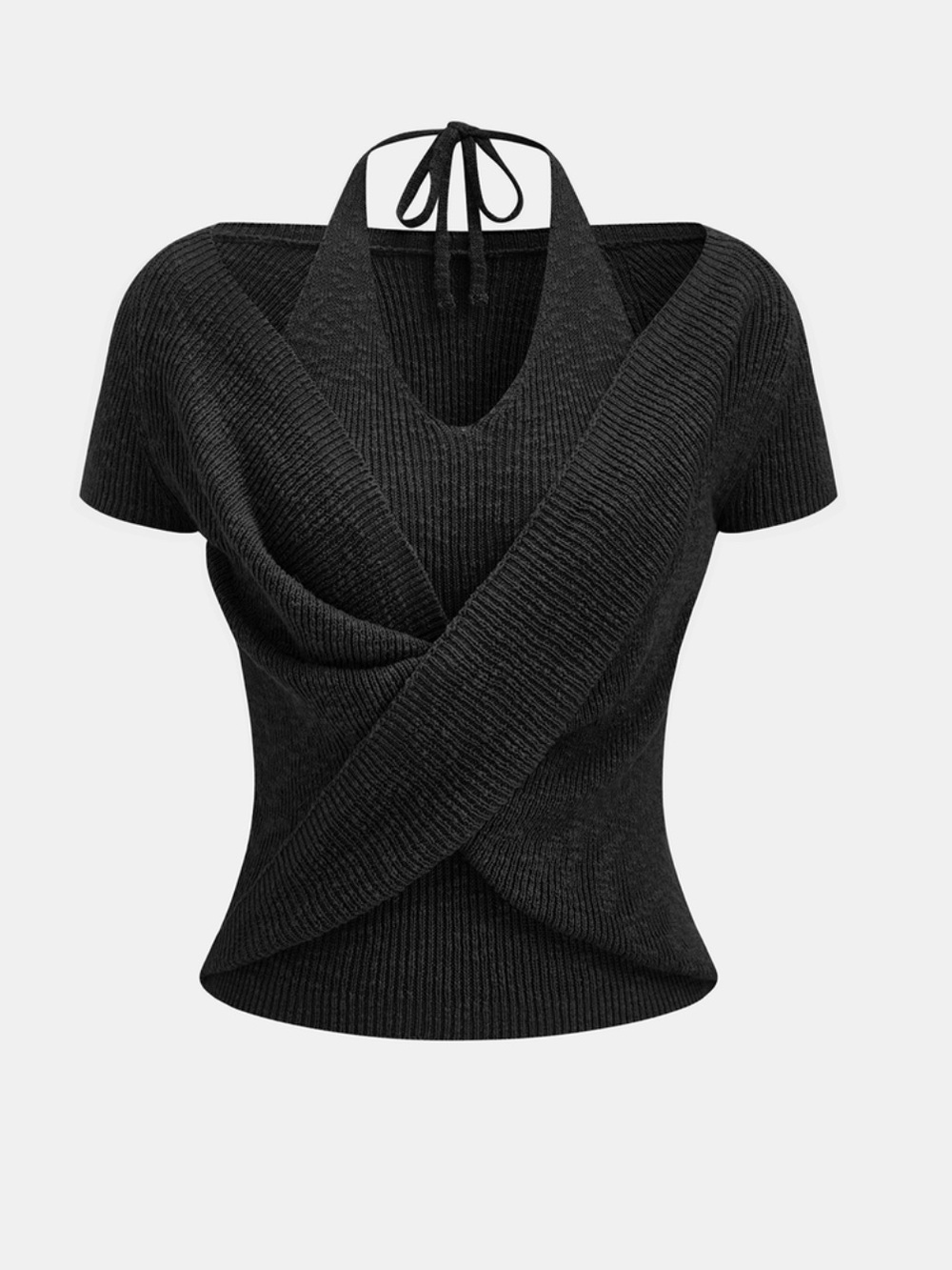 Commense Black Knit Wrap Halter Top